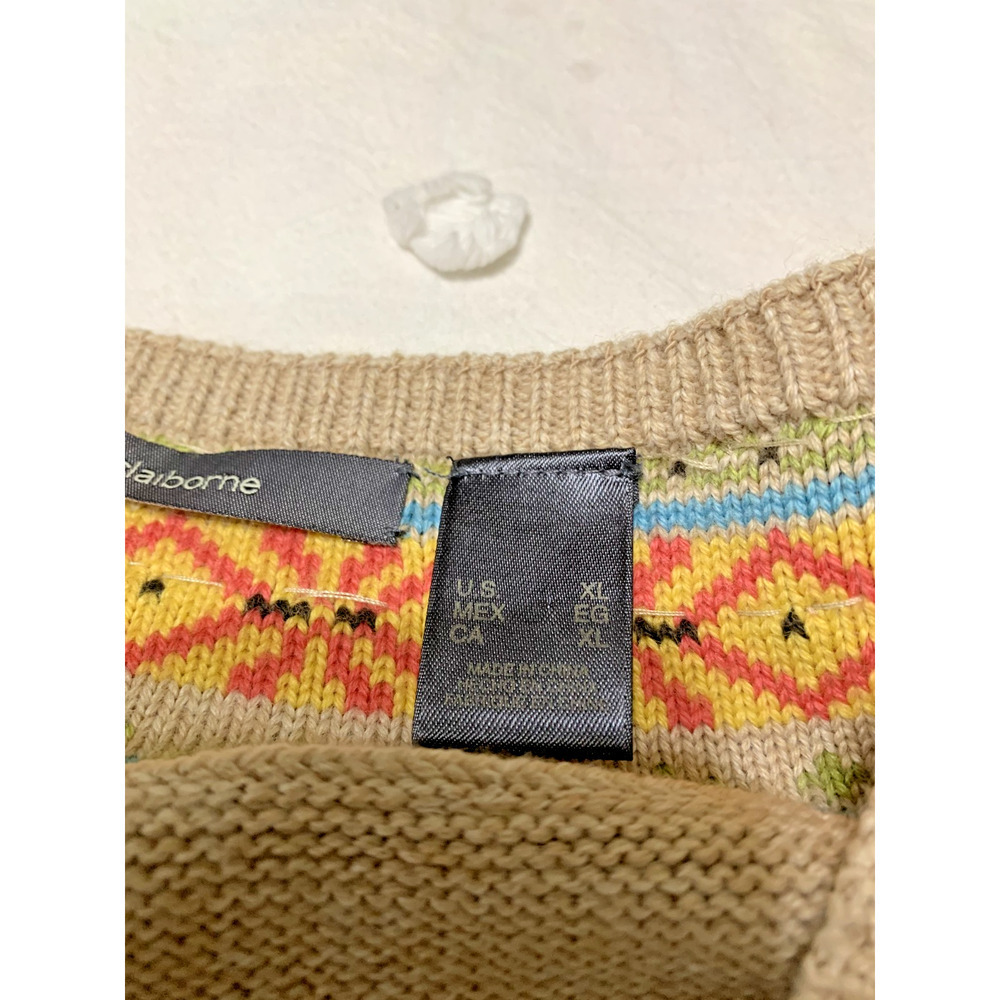 LizClairborne Fair Isle Chunky Knit Camel Wool Blend Beaded Boat Neck Sweater XL - Picture 7 of 10